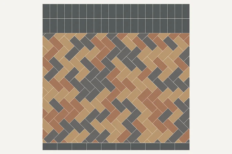 45° herringbone with contrasting header, laying diagram of block paving
