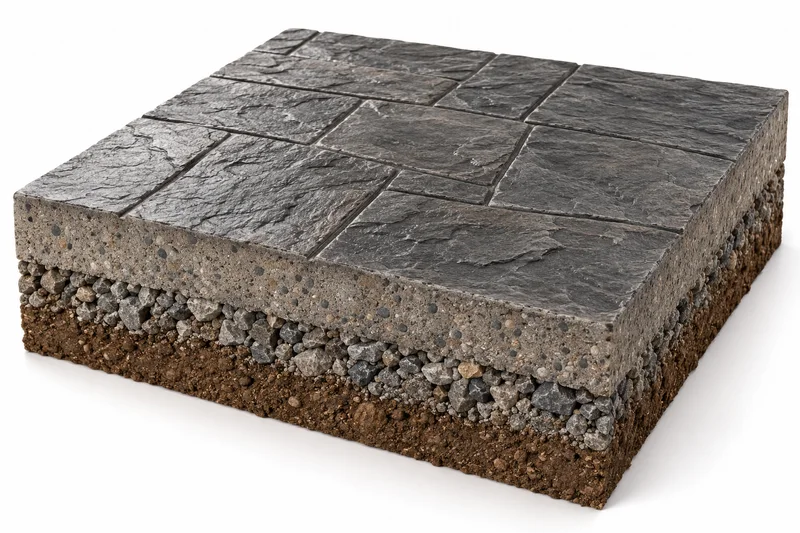 How imprinted concrete is built, illustration of the layers